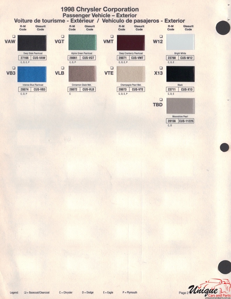 1998 Chrysler Paint Charts RM 2